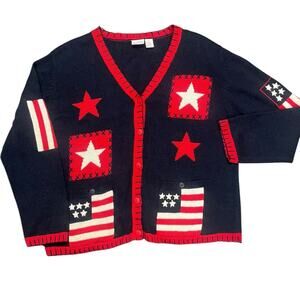 Vtg Flag America Patriotic Patchwork Grannycore Cross Stitch Cardigan Sweater XL